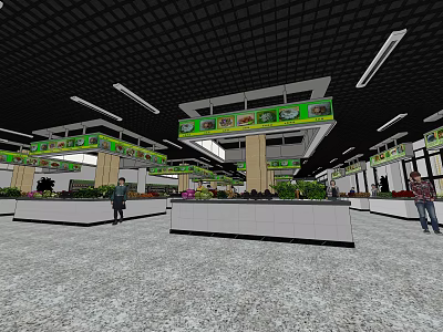 Supermarket Department Store Interior With Green Billboards Stalls Bright Light Tubes And Customers 3d model