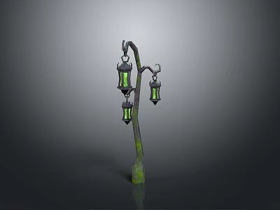 Vintage Street Lamp With Three Green Lanterns On Curved Metal Pole 3d model