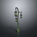 Vintage Street Lamp With Three Green Lanterns On Curved Metal Pole