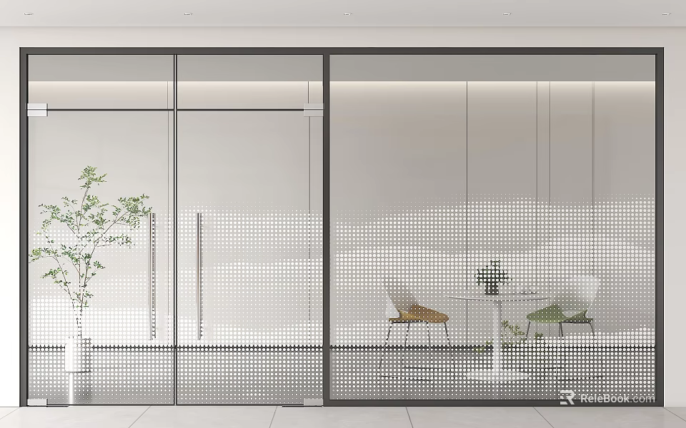 Modern Glass Partition Design For Interior Space With Patterned Panel And Furniture 3d model