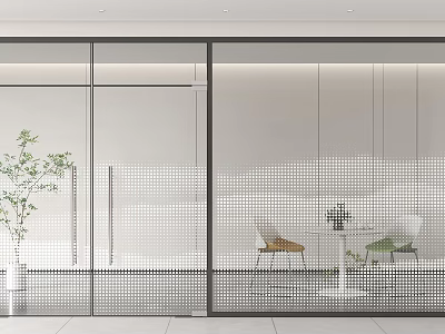 Modern Glass Partition Design For Interior Space With Patterned Panel And Furniture 3d model