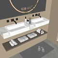Modern Bathroom Vanity With Round Mirror Double Sinks Towels And Toiletries