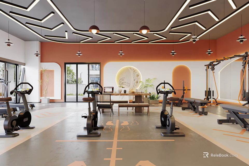 Modern Gym Interior With Spin Bikes And Various Fitness Equipment 3d model 