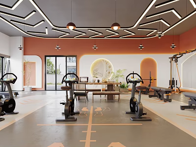 Modern Gym Interior With Spin Bikes And Various Fitness Equipment 3d model