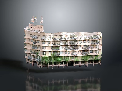 Unique Architectural Landscape With Multi Floor Building Model Balconies Green Base And Top Sculptures 3d model