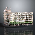 Unique Architectural Landscape With Multi Floor Building Model Balconies Green Base And Top Sculptures