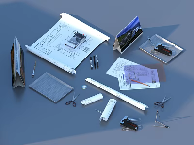 Professional Design Tools And Blueprints With Ruler Scissors Pens Photos And Folders For Architectural Planning 3d model