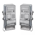 Silver Metallic Public Payphones With Display Screens Keypads Handsets And Coin Slots