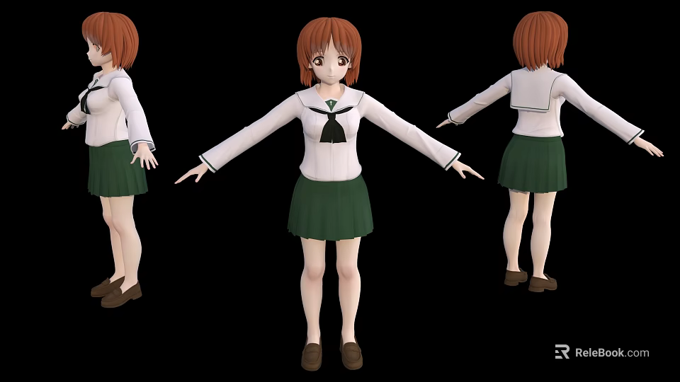 Anime School Uniform Character Red Hair Green Skirt Three Angle Standing Poses 3d model 