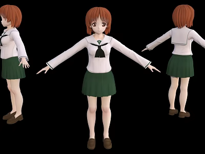Anime School Uniform Character Red Hair Green Skirt Three Angle Standing Poses 3d model