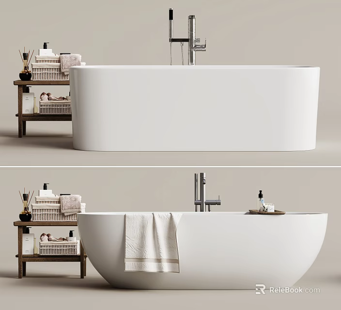 Modern Bathroom Interior With White Bathtub Wooden Shelf Towels And Toiletries 3d model 