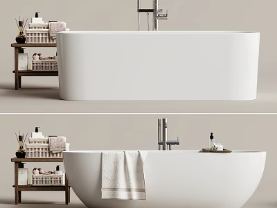 Modern Bathroom Interior With White Bathtub Wooden Shelf Towels And Toiletries 3d model