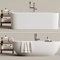 Modern Bathroom Interior With White Bathtub Wooden Shelf Towels And Toiletries