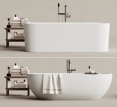 Modern Bathroom Interior With White Bathtub Wooden Shelf Towels And Toiletries 3d model