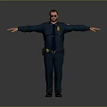 Man in dark blue uniform with badge wearing sunglasses and belt standing with arms outstretched