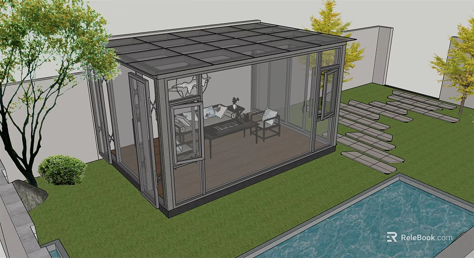 Contemporary Glass Sunroom With Glass Roof Green Lawn Swimming Pool And Indoor Tables Chairs 3d model 