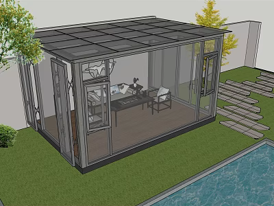 Contemporary Glass Sunroom With Glass Roof Green Lawn Swimming Pool And Indoor Tables Chairs 3d model