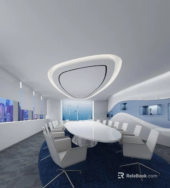 Modern Conference Room Interior with Round Table White Chairs Large Windows City View Blue Carpet 3d model 