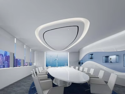 Modern Conference Room Interior with Round Table White Chairs Large Windows City View Blue Carpet 3d model