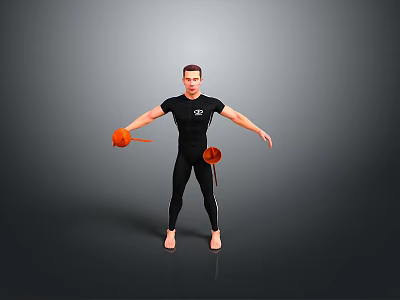 Male Character in Black Outfit Standing With Orange Creature Against Gray Background 3d model