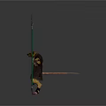 Man Dressed In Traditional Mythical Costume With Outstretched Arms Next To Tall Green Trident