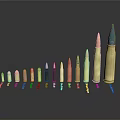 Various Types Of Weapon Bullets With Different Sizes And Metallic Colors Arranged