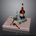 Decorative Tray Setup With Red Cap Bottle Candle Brown Pipes And Colorful Books