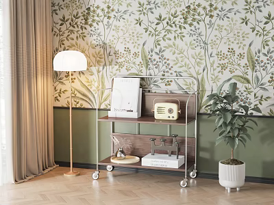 Mobile Storage Shelf With Radio Books And Potted Plant Near Floral Wallpaper Green Wall And Floor Lamp 3d model