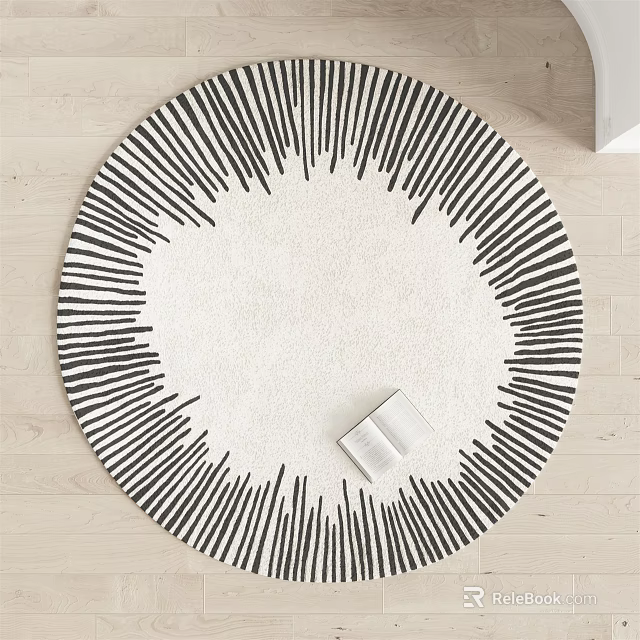 Round Rug with White Center Black Radiating Stripes on Light Wood Floor and Open Book 3d model 