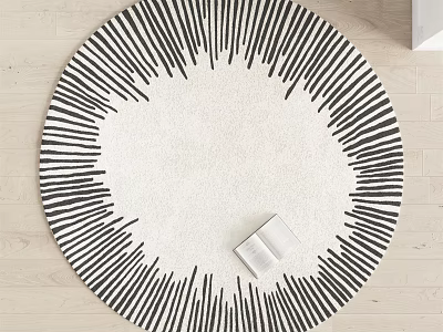 Round Rug with White Center Black Radiating Stripes on Light Wood Floor and Open Book 3d model