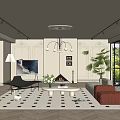 Elegant Living Room Interior Design With Chandelier Red Sofa Black White Rug And Green Plant