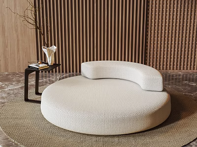 Round White Woven Single Sofa On Rug With Side Table Vase And Wooden Wall 3d model