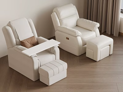 Modern White Massage Bed With Ottoman Side Table And Light Curtains In Wooden Floor 3d model