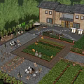Rural Landscape Featuring Traditional Buildings Vegetable Gardens Outdoor Seating Stone Paths And Trees