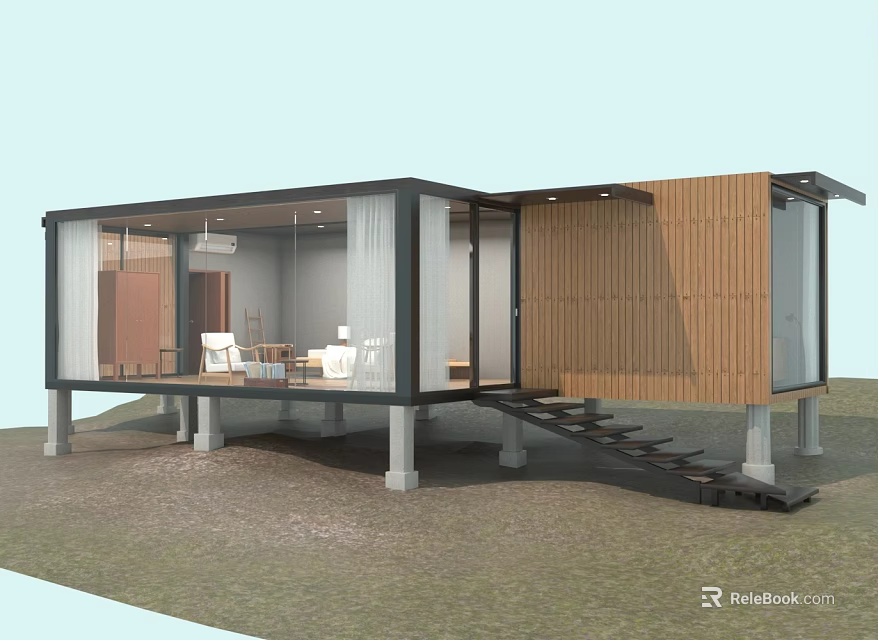 Modern Single Family House with Open Interior Large Glass Walls Wooden Panels and Elevated Design 3d model 
