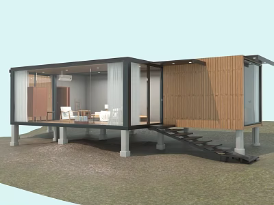 Modern Single Family House with Open Interior Large Glass Walls Wooden Panels and Elevated Design 3d model