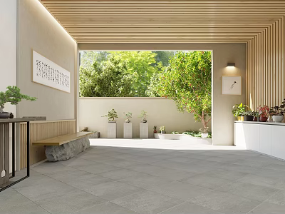 Serene Entryway Garden With Lush Trees Wooden Ceiling And Stone Bench 3d model