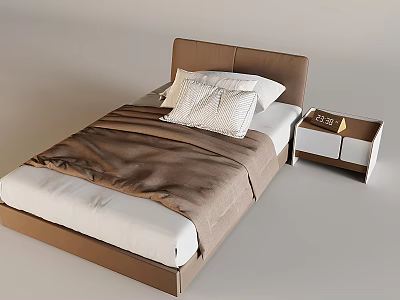 Single Bed With Brown Headboard White Mattress Brown Blanket Patterned Pillows And White Nightstand 3d model