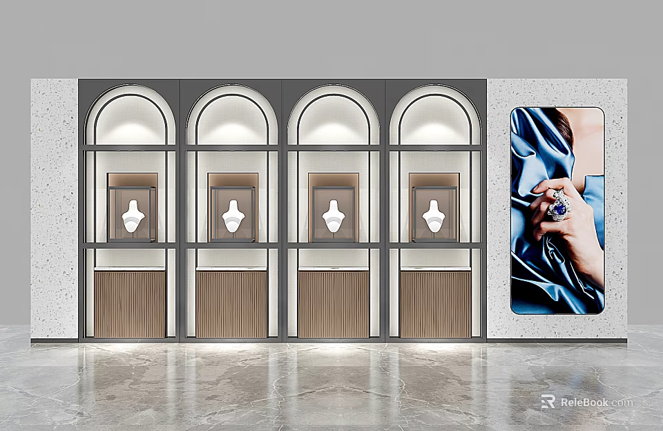 Elegant Jewelry Store Featuring Arched Window Display Cases and Wall Image of Hand with Ring 3d model 