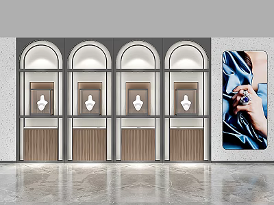 Elegant Jewelry Store Featuring Arched Window Display Cases and Wall Image of Hand with Ring 3d model