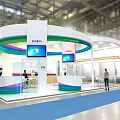 DSM Exhibition Booth Modern Design With Curved Canopy Colorful Stripe Counters And Digital Screens