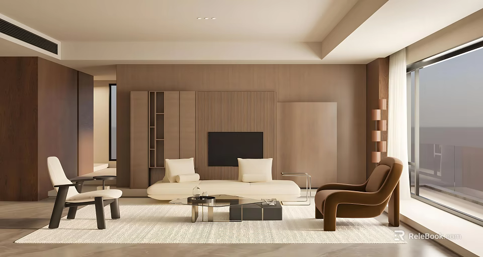 Modern Living Room Interior With Beige Sofa White Cushions Metal Coffee Table And Brown Armchair 3d model 