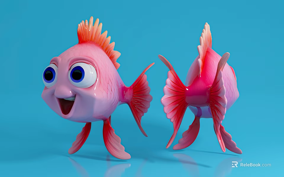 Pink cartoon fish with big blue eyes open mouth orange fins and light blue background 3d model 