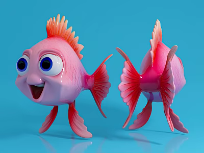 Pink cartoon fish with big blue eyes open mouth orange fins and light blue background 3d model