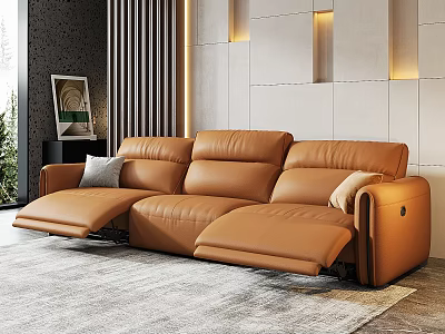 Modern Living Room Interior With Brown Leather Reclining Sofa Gray Rug And Wall Lights 3d model