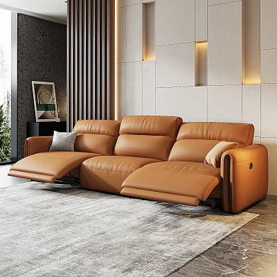 Modern Living Room Interior With Brown Leather Reclining Sofa Gray Rug And Wall Lights 3d model