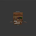 Open Wooden Chest With Cross Green And Blue Bottles Scrolls And Small Cups