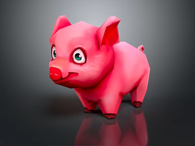 Cute Pink Cartoon Pig With Big Eyes Standing On Black Background With Reflection 3d model