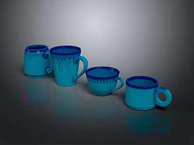 Four Blue Cups With Various Sizes Different Designs And Textured Surfaces On Grey Background 3d model