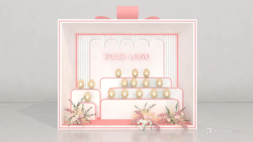 Pink Frame Display Stand With Your Logo Golden Objects And Floral Decorations 3d model 